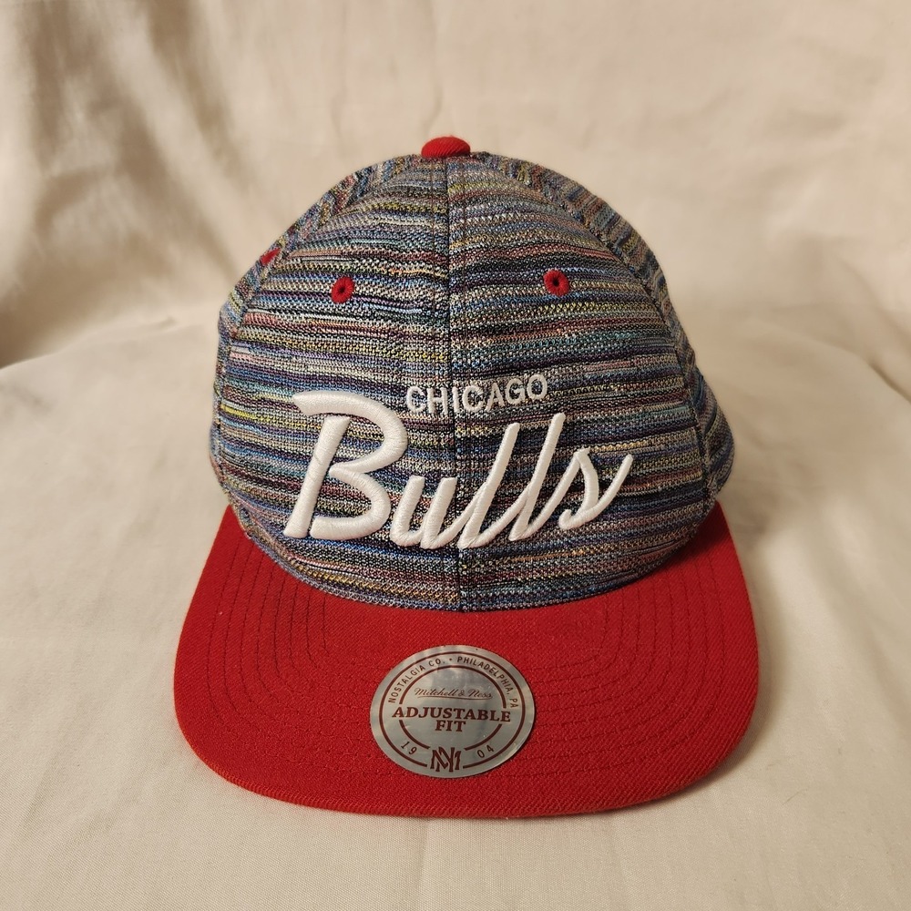 Mitchell & Ness Chicago Bulls Snapback Hat Knit Weave Multi Color Red Cap VTG